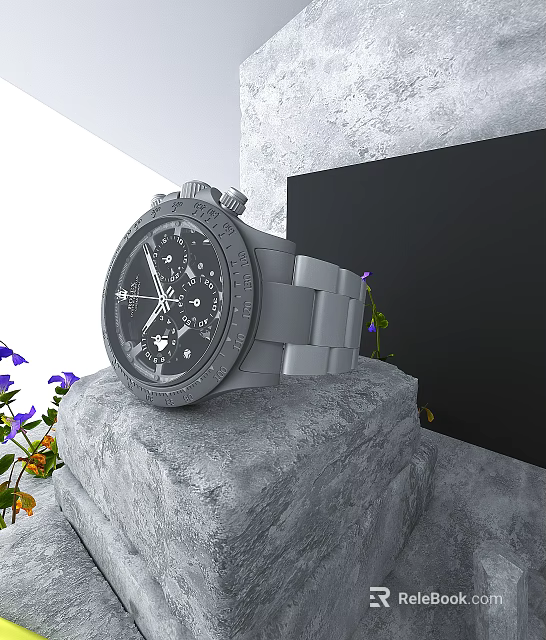 Sleek Gray Strap Wrist Watch With Black Dial On Stone Base And Colorful Flowers 3d model 