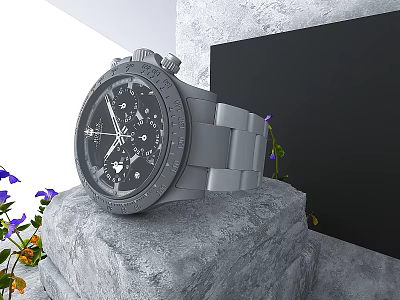 Sleek Gray Strap Wrist Watch With Black Dial On Stone Base And Colorful Flowers 3d model