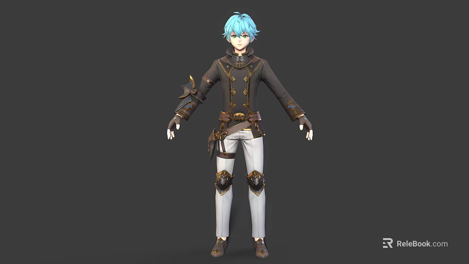 Blue Haired Anime Character 3D Model With Dark Coat White Pants Brown Knee Pads 3d model 