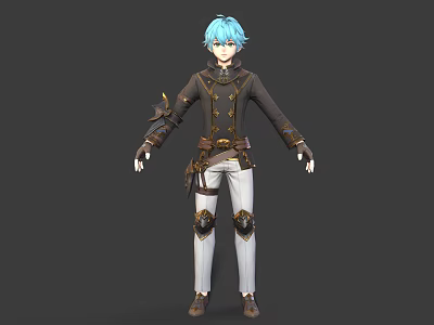 Blue Haired Anime Character 3D Model With Dark Coat White Pants Brown Knee Pads 3d model