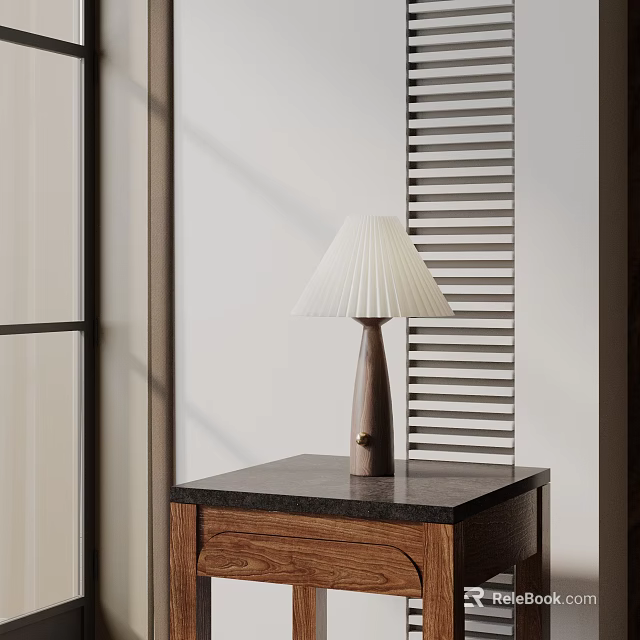 Pleated Shade Table Lamp On Wooden Cabinet With Black Marble Top And Vertical Slat Wall 3d model 