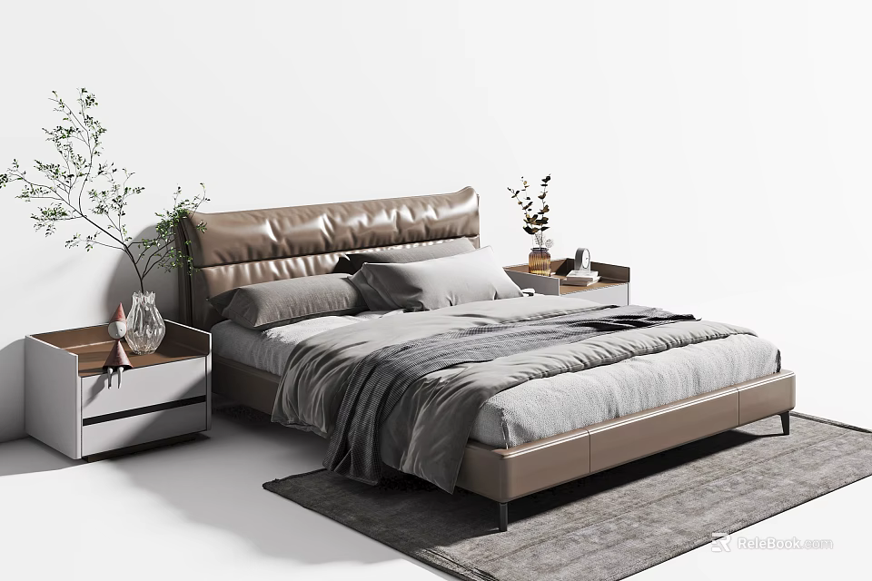 Elegant Double Bed with Leather Headboard Gray White Bedding Nightstands Vases Green Plants Gray Rug 3d model 