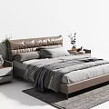 Elegant Double Bed with Leather Headboard Gray White Bedding Nightstands Vases Green Plants Gray Rug