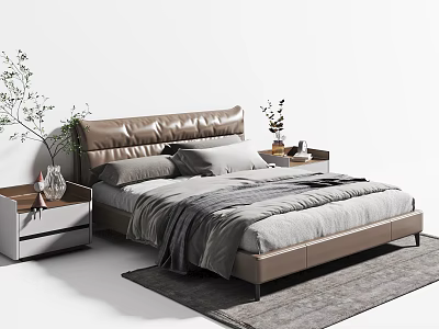 Elegant Double Bed with Leather Headboard Gray White Bedding Nightstands Vases Green Plants Gray Rug 3d model