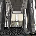 Elegant Hotel Lobby With Black And White Checkered Floor Tall Columns And Sofa Seating Area