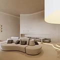 Modern Store Front Desk Featuring Curved Design Neutral Tones And Hanging Pendant Lights