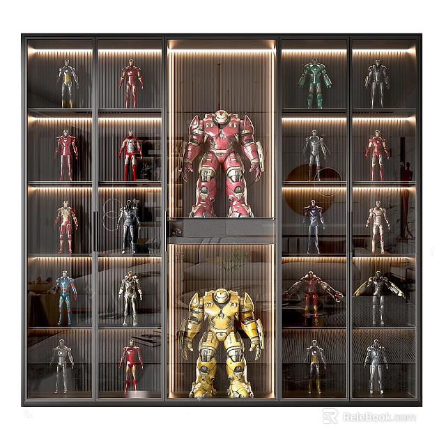 Modern Display Cabinet With Colorful Robot Figurines On Layered Shelves 3d model 