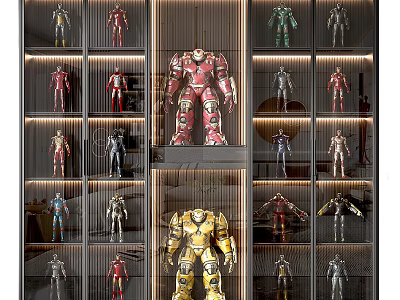 Modern Display Cabinet With Colorful Robot Figurines On Layered Shelves 3d model