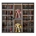 Modern Display Cabinet With Colorful Robot Figurines On Layered Shelves
