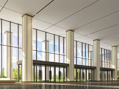 Modern Front Desk Reception Area In Spacious Lobby With Large Glass Windows And White Columns 3d model