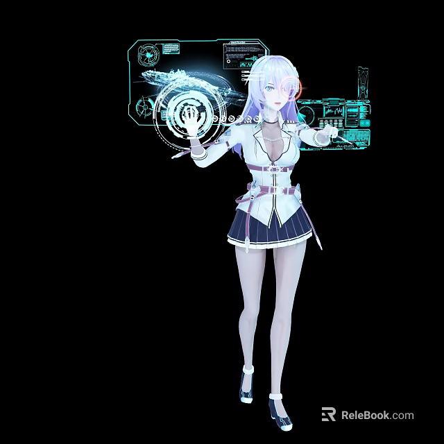 Game And Movie Character With Purple Hair White Top Black Skirt And Futuristic Holographic Interface 3d model 