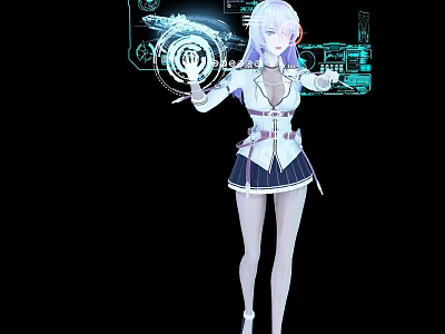 Game And Movie Character With Purple Hair White Top Black Skirt And Futuristic Holographic Interface 3d model