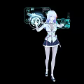 Game And Movie Character With Purple Hair White Top Black Skirt And Futuristic Holographic Interface