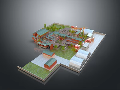 Scenic Architectural Landscape With Green Lawns Trees And Courtyard Building Layout 3d model