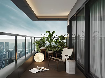 Home Balcony Featuring City Skyline Green Plants Armchair Open Book and Round Lamp 3d model