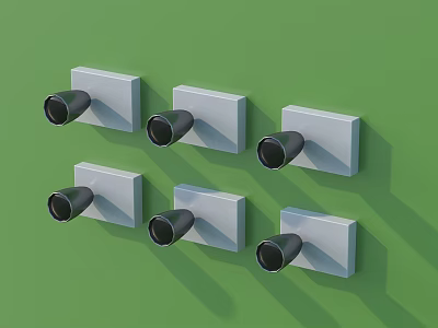 Six Wall Lamps With White Square Bases And Black Cylindrical Heads On Green Background 3d model