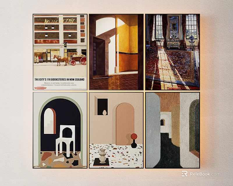 Architectural Illustrations Collage With Six Diverse Interior Scenes And Art Prints 3d model 