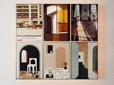 Architectural Illustrations Collage With Six Diverse Interior Scenes And Art Prints 3d model
