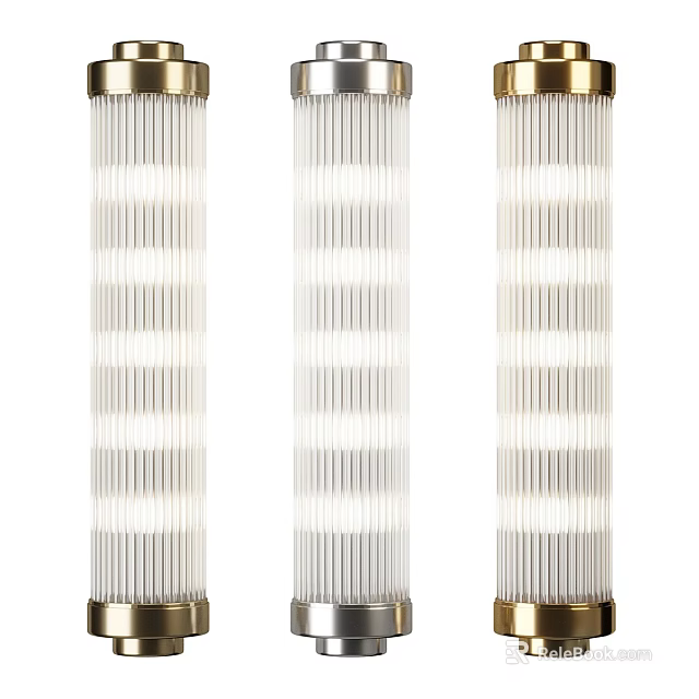 Modern Three Cylindrical Striped Glass Wall Lamps with Metal Frames 3d model 