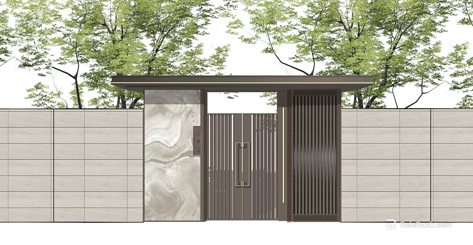 Modern Landscape Wall Design With Marble Texture Metal Grille And Green Trees 3d model 