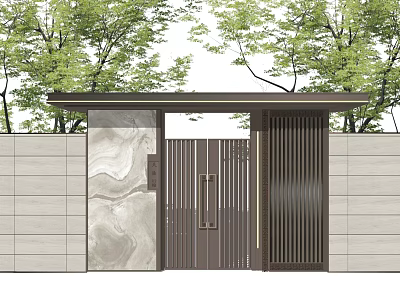 Modern Landscape Wall Design With Marble Texture Metal Grille And Green Trees 3d model