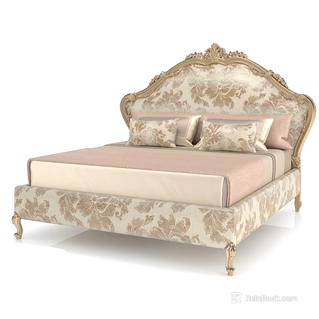 Classic Ornate Double Bed With Carved Headboard Cream Gold Floral Pattern Decorative Legs Soft Pillows 3d model 