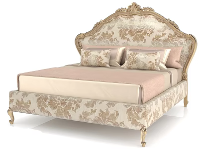 Classic Ornate Double Bed With Carved Headboard Cream Gold Floral Pattern Decorative Legs Soft Pillows 3d model
