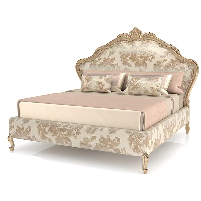 Classic Ornate Double Bed With Carved Headboard Cream Gold Floral Pattern Decorative Legs Soft Pillows 3d model