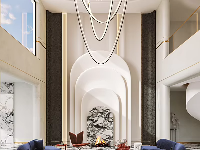 Duplex Living Room Interior Design With Modern High Ceiling Chandelier Marble Fireplace And Sofa 3d model
