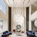 Duplex Living Room Interior Design With Modern High Ceiling Chandelier Marble Fireplace And Sofa