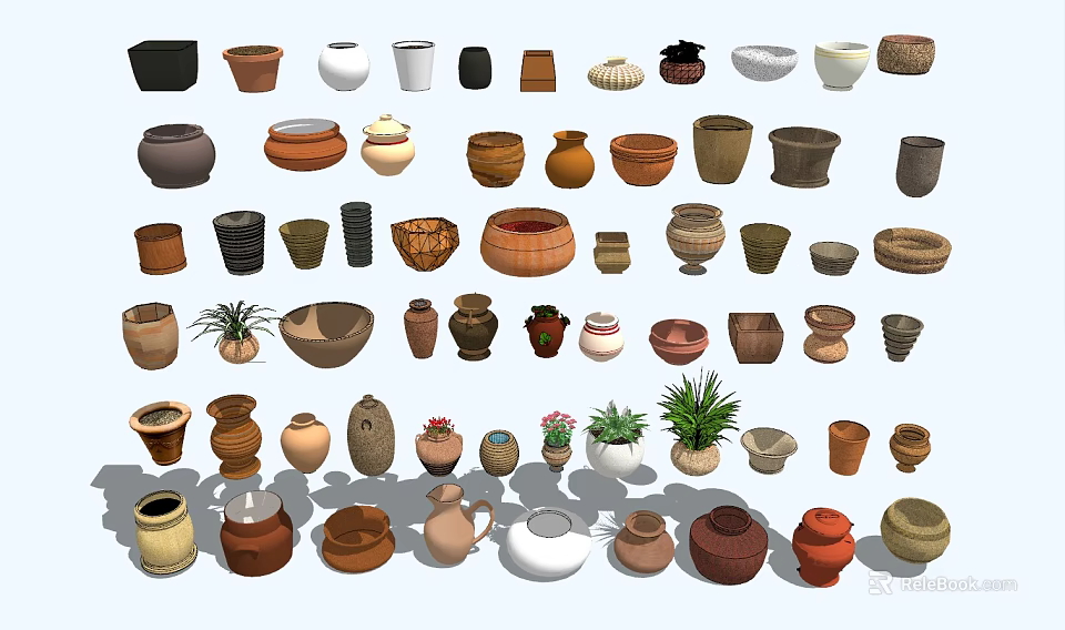 Various Ceramic Vessels With Different Shapes Colors And Decorative Patterns 3d model