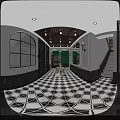 Hallway Interior Design With Black And White Checkered Floor Green Walls Arched Doorways Glass Case