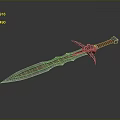 Ornate Metallic Sword With Engraved Blade Red Handle And Decorative Guard