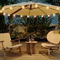 Outdoor Wicker Table and Chairs Set With String Light Umbrella and Green Plants
