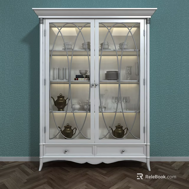 Elegant White Wine Cabinet With Glass Doors And Tea Sets Glassware Lighting Green Wall 3d model 