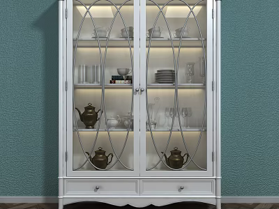 Elegant White Wine Cabinet With Glass Doors And Tea Sets Glassware Lighting Green Wall 3d model