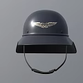 Dark Gray Helmet With Silver Eagle Wing Emblem On Top And Brim Chin Strap