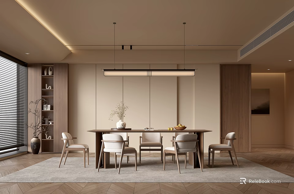 Modern Restaurant Interior With Dining Table Chairs Hanging Lights And Decorative Plants 3d model 