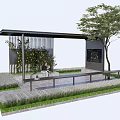 Modern Pergola With Metal Frame Greenery Bench Information Board And Lawn