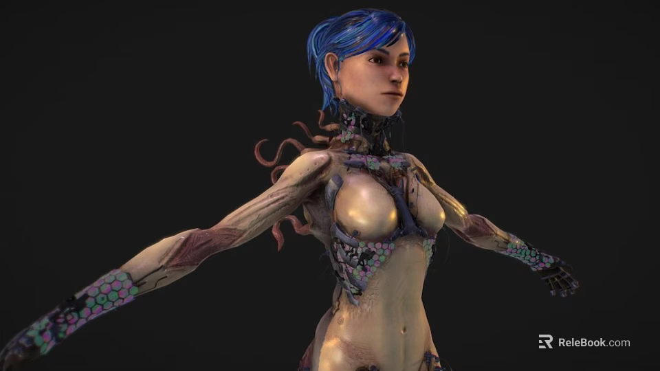Sci Fi Game Character With Blue Hair Cybernetic Body And Organic Textures 3d model 