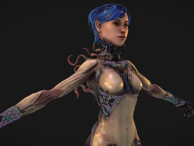 Sci Fi Game Character With Blue Hair Cybernetic Body And Organic Textures 3d model