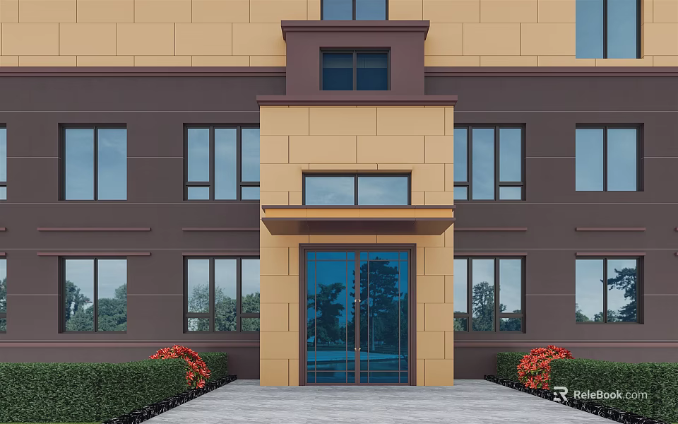 Modern Building Facade With Beige And Brown Exterior Large Windows And Glass Door Entrance 3d model 