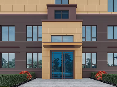 Modern Building Facade With Beige And Brown Exterior Large Windows And Glass Door Entrance 3d model