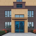 Modern Building Facade With Beige And Brown Exterior Large Windows And Glass Door Entrance