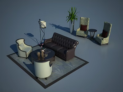 Stylish Sofa And Coffee Table Set With Armchairs Floor Lamp Potted Plant And Rug 3d model