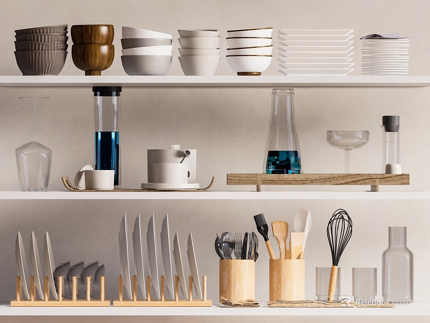 Organized Tableware Combination Display On Shelves 3d model 