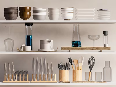 Organized Tableware Combination Display On Shelves 3d model