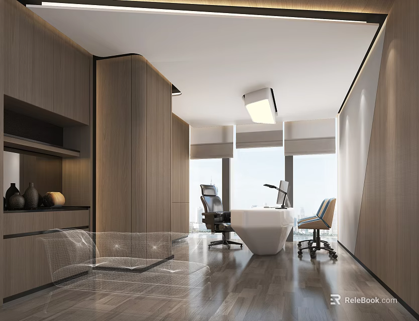 Modern Office Interior Design With Wooden Furniture Desk And Ergonomic Chairs 3d model 