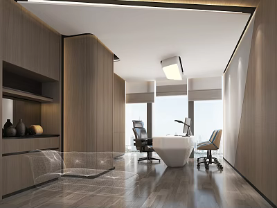 Modern Office Interior Design With Wooden Furniture Desk And Ergonomic Chairs 3d model