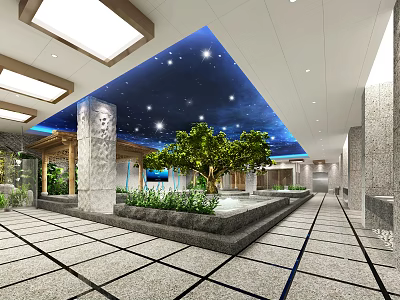 Modern SPA Sauna Interior Design With Starry Sky Ceiling And Green Plants 3d model